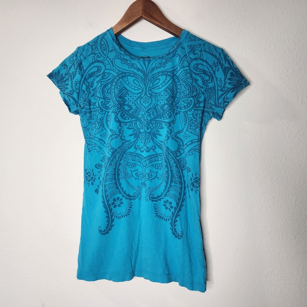 Stranded Womens Medium Blue Shirt Geometric Asymmetrical